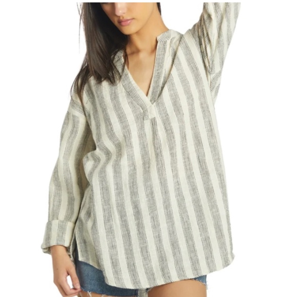 Rip Curl NEW Ivory Classic Surf Striped Long Sleeve Cotton Tunic Top Large